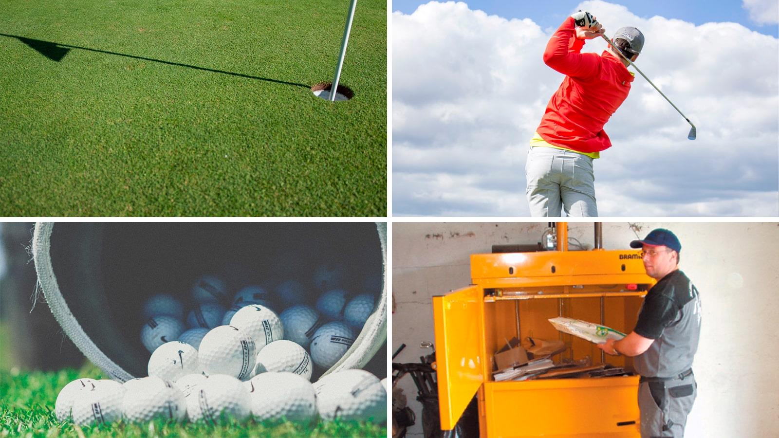 Collage of man playing golf and employee at yellow baler
